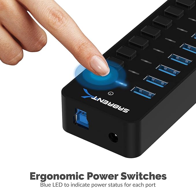 SABRENT 10-Port 60W USB 3.0 Hub with Individual Power Switches and LEDs, Includes 60W 12V/5A Power Adapter (HB-BU10)
