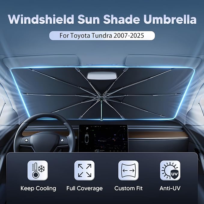 Autorder Windshield Sun Shade Umbrella for 2007-2025 Toyota Tundra Accessories,Upgraded Ice Crystal Material,Easy Setup Umbrella Sunshade for Car Windshield,100% Sun Blocking
