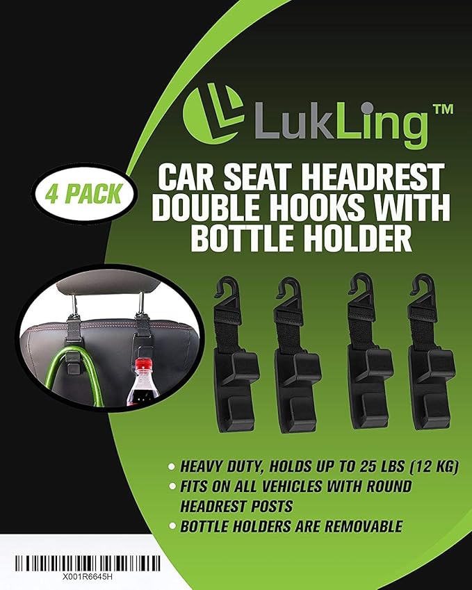 4 Pack Car Seat Headrest Hooks Strong and Durable Backseat Headrest Hanger Storage for Handbags, Purses, Coats, and Grocery Bags, Universal Vehicle Car Seat Back Headrest Bottle Holder