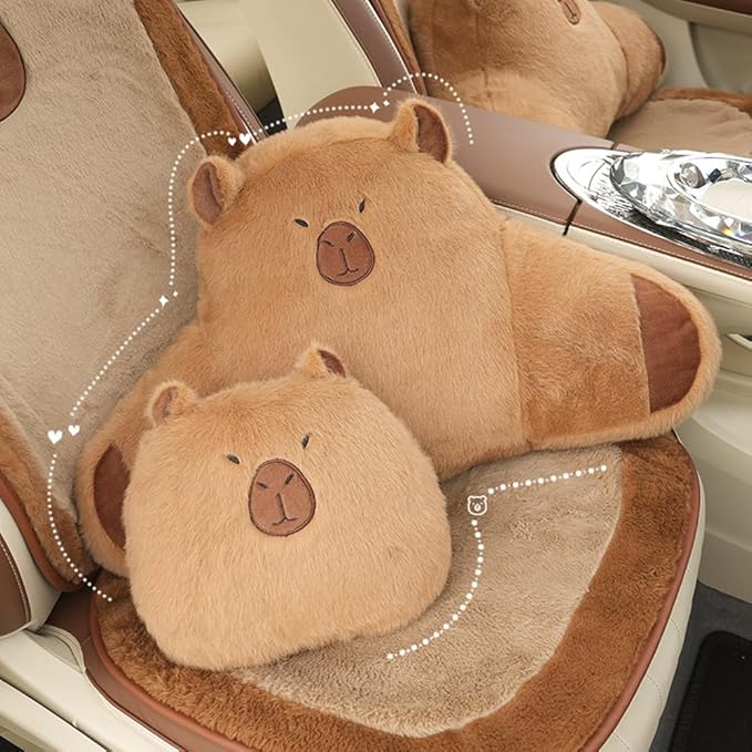 LYFJMUS 4 Pack Plush Capybara Car Headrest Pillow and Lumbar Support Pillow Kawaii Plushies Capybara Stuffed Headrest Cute Car Decor for Car Driving (Style B)