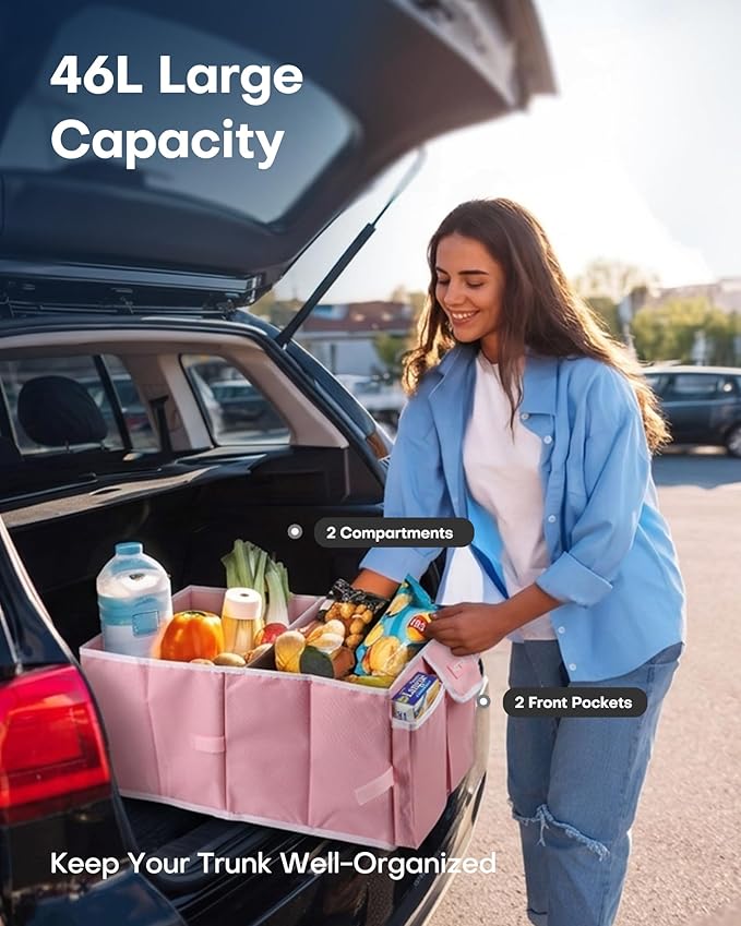 HOTOR Foldable Trunk Organizer - SUV & Sedan Compatible, 2 Compartments, Pink, 23.6"14.2"10.6" Sturdy Car Organization for Accessories, Tools, Sundries