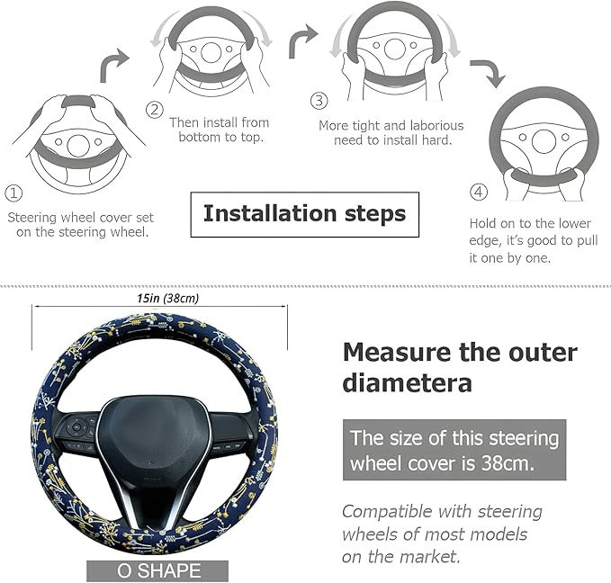 Navy Spherical Flowers Steering Wheel Cover Auto Steering Wheel Protector, Anti-Slip, Absorbing Sweat, Universal Flowers Car Accessories 14.5–15 inch,Fit for Most Car, Trucks, SUV