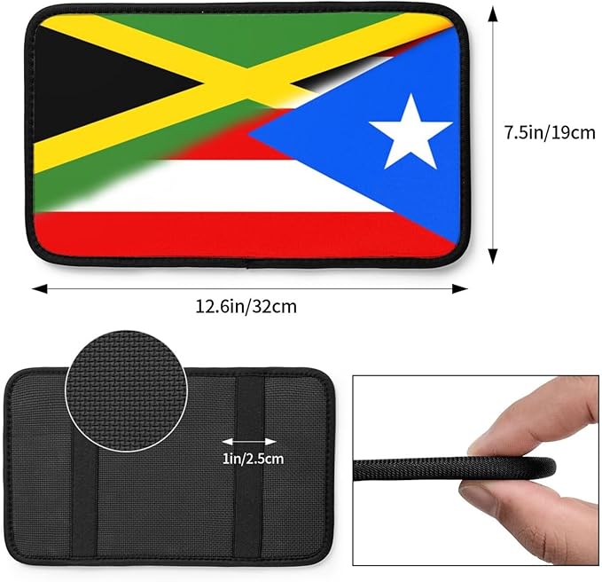 Puerto Rico Jamaica Jamaican Flag Auto Center Console Armrest Cover Car Handrail Box Cushion Pad Mat Universal Fit Most Vehicle Sedan Truck SUV Soft Comfort Decor Accessories