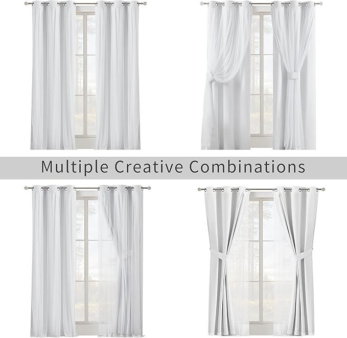 Bujasso White Full Blackout Curtain Panels with Sheer Overlay Mix and Match Double Layer Thermal Insulated Window Treatment Set for Living Room White Drapes with Tiebacks Grommet Top 37" Wx63 Lx2