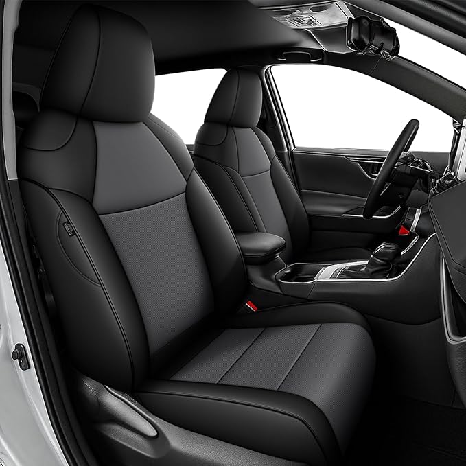 AOMSAZTO Custom Fit Seat Covers for Toyota RAV4: 2019 2020 2021 2022 2023 2024 2025 LE XLE XLE Premium Limited-Faux Leather Full Set Compatible Airbag Seat Protector Black&Grey