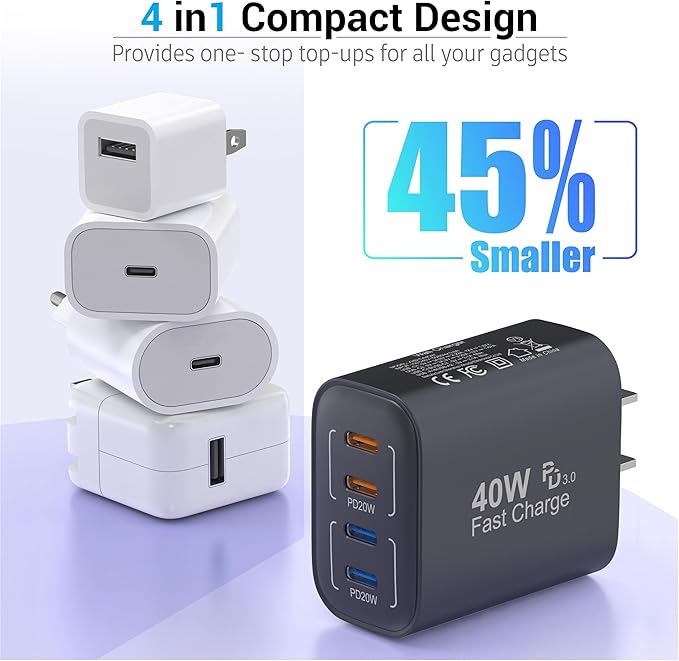 40W USB C Charger Block, 2-Pack, 4 USBC Ports, Type C Wall Plug USB-C Fast Charging, iPhone Charger Adapter Box Cube for iPhone 17,17 Pro, 17 Pro Max,16, 15, 14, 13, 12, Samsung Phone-Black