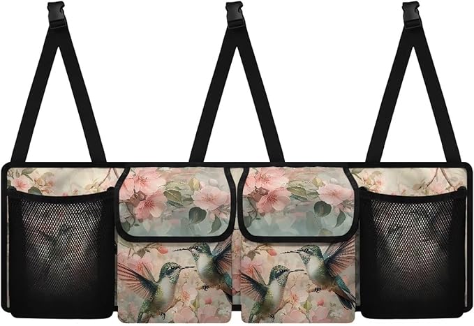 Hanging Car Trunk Organizer, Hummingbird Pink Flower Print Car Back Seat Storage with 4 Pockets Large Capacity Back Seat Storage Bag Waterproof Universal Car Interior Accessories