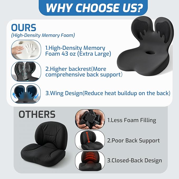 Ergonomic Seat Cushion,Office Chair Cushion with Lumbar Support Pillow,Memory Foam Car Seat Cushions,Designed for Sciatica, Tailbone,Back Pain,Back Cushion for Office,Car,Home Desk Chair