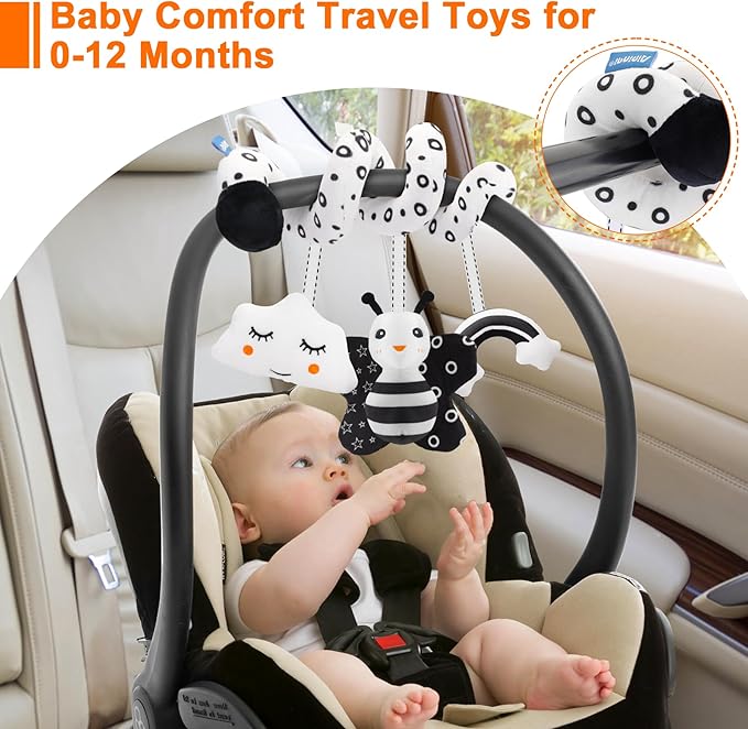 FPVERA Infant Car Seat Toys for Babies 0-6 Months: Travel Baby Toy for Rear Car Seat, Adjustable Mobile Activity Arch with Music, Sensory Hanging Toy Fits SafetyCrib, Stroller