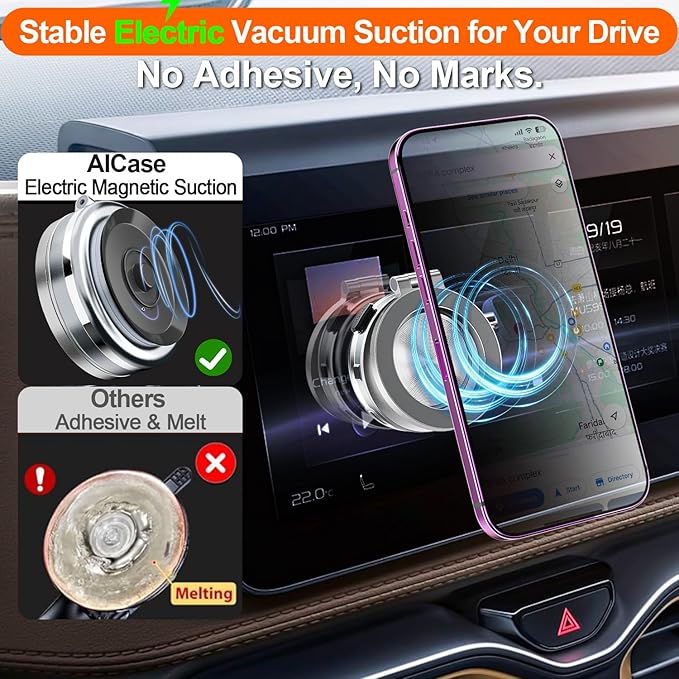 AICase Car Electric Suction Cup Vacuum Magnetic Phone Holder, 360° Rotatable Compatible with MagSafe, Magnet Cell Phone Car Mount for iPhone & Android, Includes Adhesive Pad for Uneven Surfaces