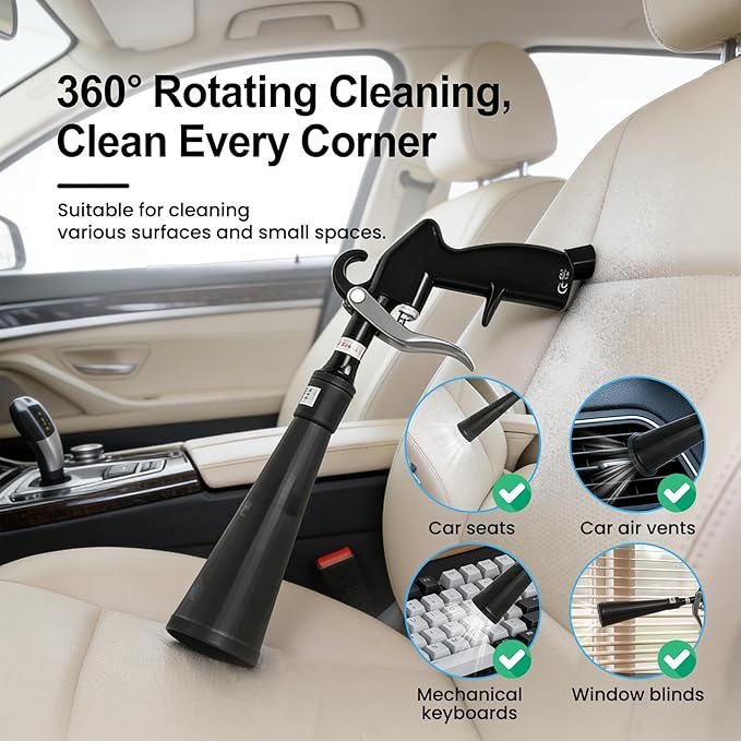SakerPlus Dry Cleaning Gun, Air-Powered Car Interior Cleaning Tool with Vortex Airflow, Air Compressor Gun for Seats, Carpets, Floor Mats, Vents and Auto Detailing (1 Set Nozzle)
