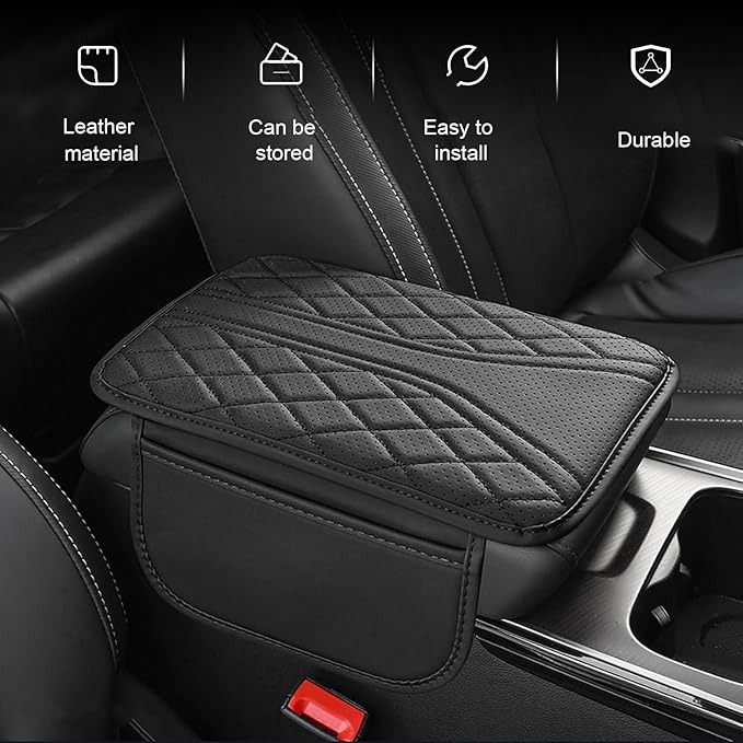 Car Center Console Cover, Leather Automotive Armrest Cushion with 2 Storage Bags, Breathable Armrest Cover, Universal Waterproof Arm Rest Protection Pad for SUV, Sedan, Truck (Black)