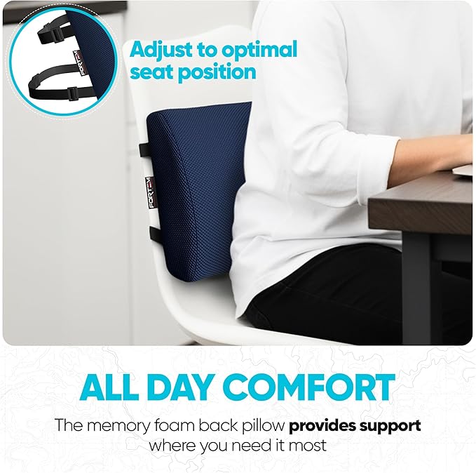 FORTEM Lumbar Support Pillow for Office Chair, Lumbar Support Pillow for Car, Back Rest for Gaming, Memory Foam Pillow, Desk Chair Cushion, Breathable & Washable Cover, Adjustable Straps