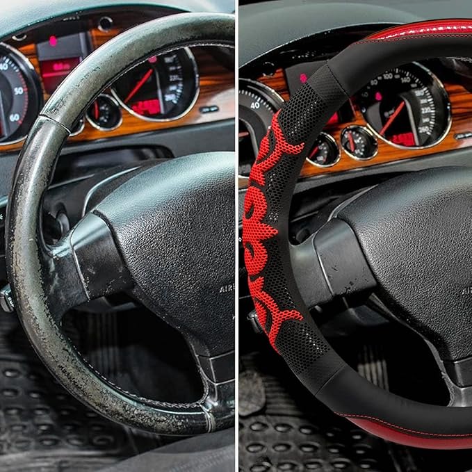 Sport Style Black Leather Steering Wheel Cover with Red Lucky-Cloud-Design Grip Steering Wheel Accessory,Universal Fit 14.5-15.25 inch Steering Wheel