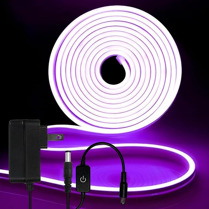 iNextStation 12V Purple LED Strip Lights 16.4FT, Flexible Silicone Neon Rope Light with Power Adapter, Waterproof, Cuttable, Dimmable & Linkable, LED Lights Strip for Bedroom, Kitchen(with Plug)
