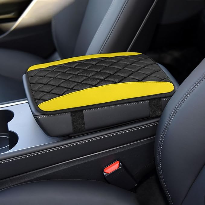Car Center Console Cushion Pad, Car Armrest Cover, Universal Leather Waterproof Armrest Seat Box Cover, Car Decor Accessories Comfortable Auto Armrest Cover Protector for Cars (Yellow)