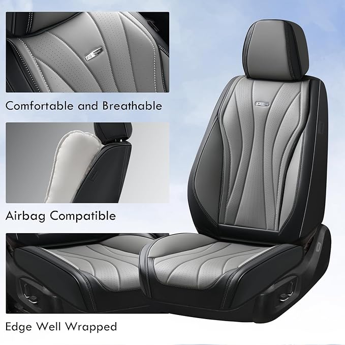 Coverado Car Seat Covers, 5 Seat Front and Back Seat Covers, Waterproof Seat Cover Full Set, Leather Seat Cover for Cars, Car Seat Protector, Car Seat Cushion Universal Fit for Most Cars (Black&Gray)
