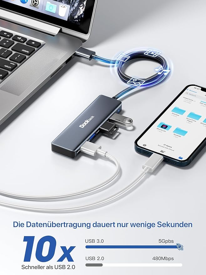 USB Hub, Dockteck 4-Port USB 3.0 Splitter, Aluminum 2ft USB Extender Compatible with MacBook,XPS, Surface Pro,Mac mini/Pro, iMac, Mouse, Keyboard, Flash Drive, HDD,Camera, and More