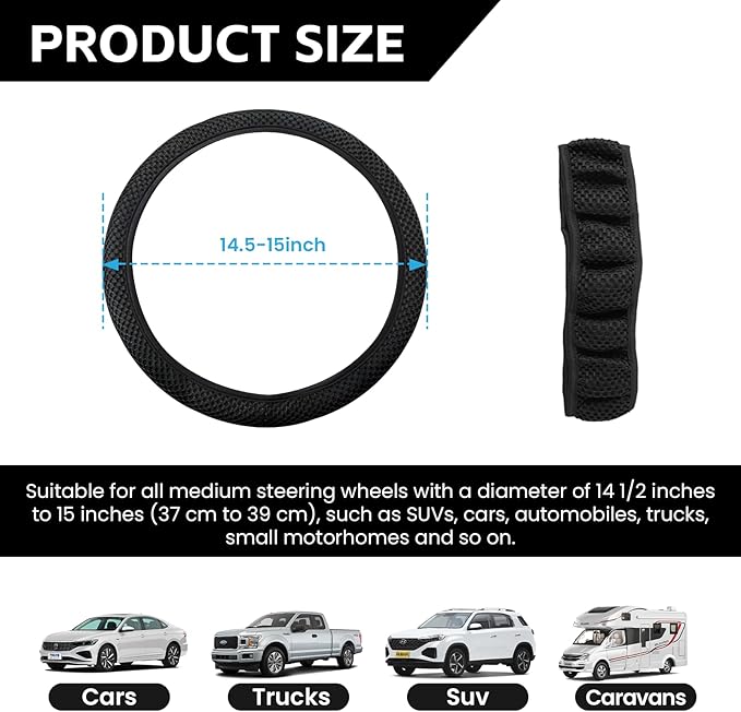 Elastic Stretch Car Steering Wheel Cover, Comfortable Steering Wheel Cover Universal for 14.5-15 Inch, Warm in Winter & Cool in Summer, Anti-Slip Breathable Ice Silk (Black)
