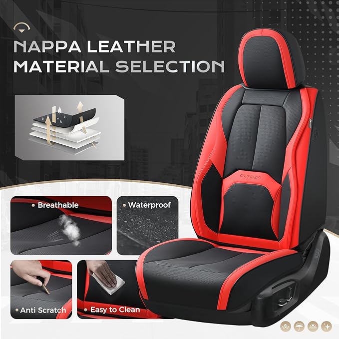 Coverado Seat Covers, Car Seat Covers Front Seats, 2 Pack Black and Red Leather Seat Covers, Waterproof Car Seat Protector with Lumbar Support, Front Seat Covers Universal Fit for Most Cars