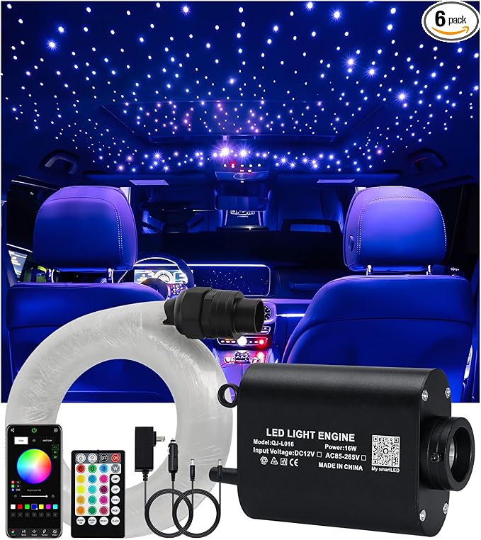 Starlight Headliner Light Kit 16W Upgraded Car Home Fiber Optic Lights 500pcs 0.03in(6.5ft/2m) Sound Activated APP/Remote Control Small Size Star Lights for Car Home Star Ceiling Decoration