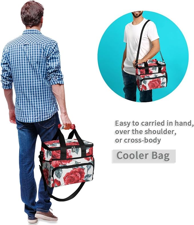 Red Rose Flower Cooler Bag Insulated Cooler Soft Sided Cooler 24 Can Portable Picnic Bag Large Leakproof Lunch Bag Box for Beach Grocery Camping Travel Car Men Women