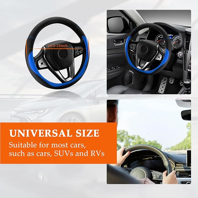 Ziciner Steering Wheel Cover, Soft Leather Premium Durable Elastic Auto Wheel Cover Protector, Stretch Breathable Anti-Slip Lining, Universal 14.5-15 inch Car Interior Accessories (Blue)