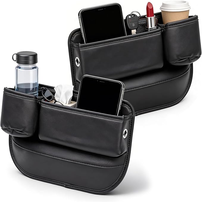 Car Leather Cup Holder Gap Bag, New Car Seat Gap Filler Organizer with Cup Holders, Console Organizer for Phone, Keys and Small Items, Universal Fit Essentials for SUV, Truck & Sedan (2pc)