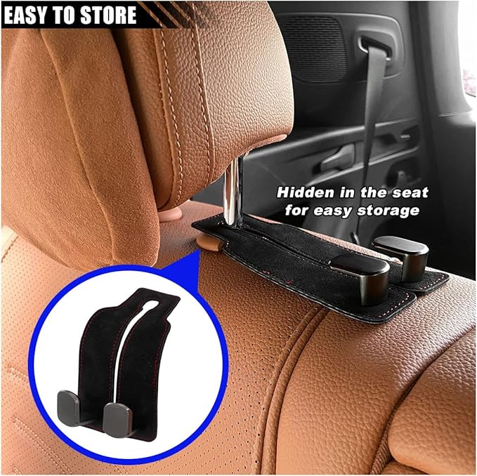 Car Seat Back Double Hooks for Headrest, Leather Car Back Seat Hooks for Purse and Bags, Upgraded 2 in 1 Purse Hook for Car Seat, Universal Vehicle Headrest Hangers for Car, Home (Black, 1PC)