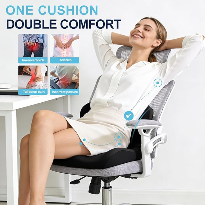 Seat Cushion for Office Chair and Car, L-Shaped Ergonomic Car Seat Cushions, Memory Foam Chair Cushion, Lumbar Support Pillow for Wheelchair, Car, Home, Office, Desk, Black