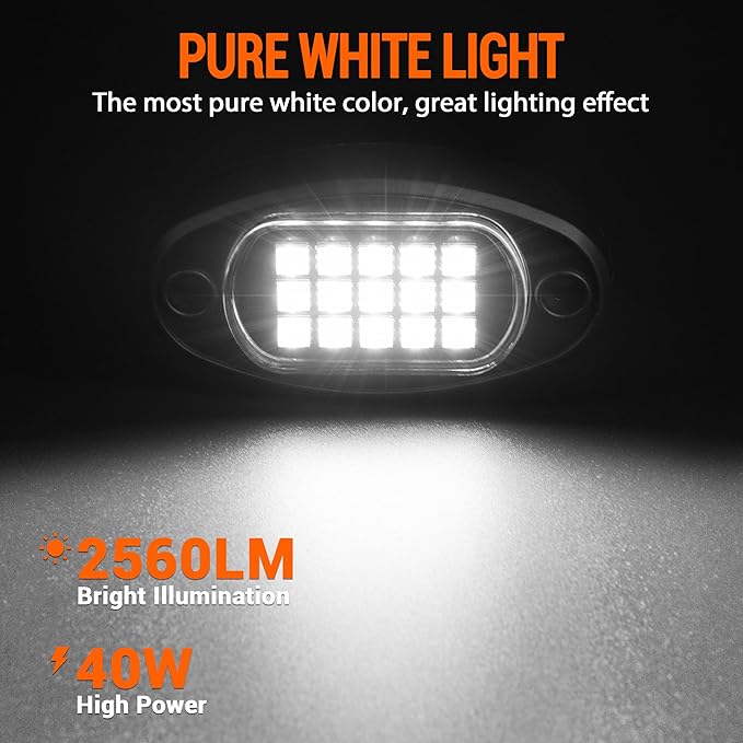 Pure White LED Rock Lights 8 Pods - Waterproof LED Underglow Light, Underbody Glow Lamp for Car Truck ATV UTV SUV Offroad Boat
