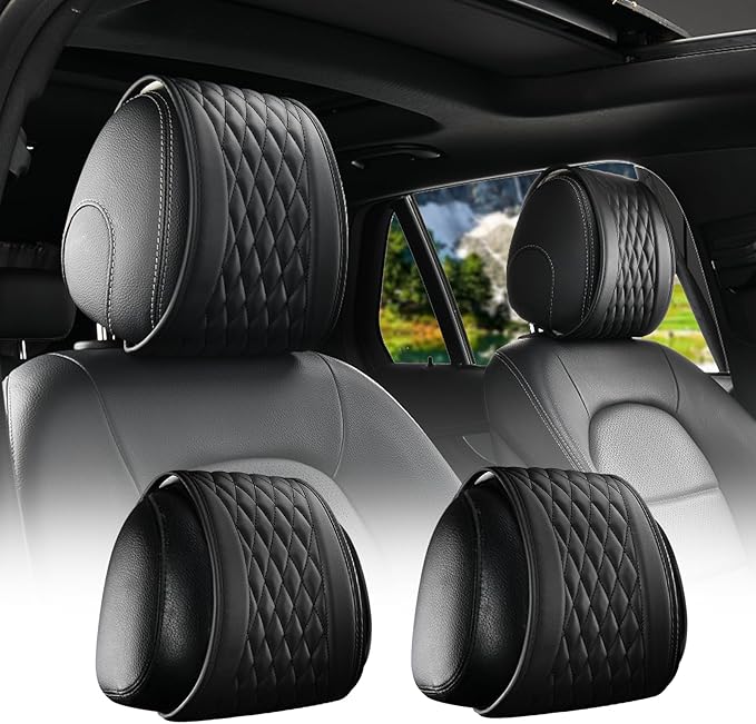 2PCS Leather Headrest Covers for Cars,Multi-Purpose Car Headrest Cover with Storage Bag,Stylish Head Rest Cover for Car as Back Seat Organizer with Diamond Check Pattern