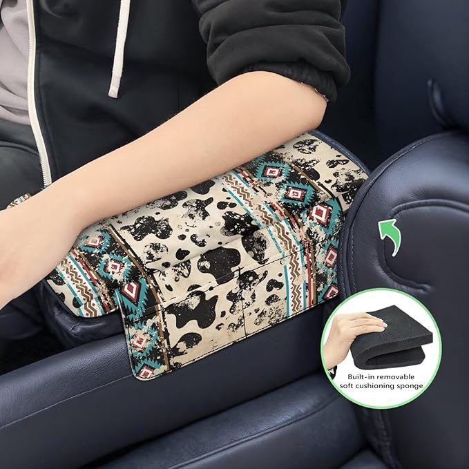 Wanyint Aztec Cow Print Retro Car Center Console Armrest Cover Comfortable Armrest Seat Box Pad with Organizer Pockets Console Lid Protector Cushion Universal Fit for Most Vehicles SUVs