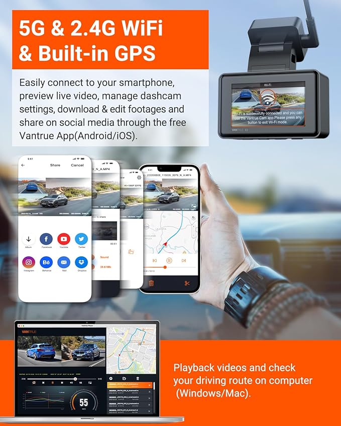 Vantrue E2 Dash Cam Front and Rear, 2.7K Upgrade Rear Cam, Dual STARVIS, 2.7K + 2.7K Dash Camera for Cars, Voice Control, WiFi, GPS, Night Vision, 24H Parking Mode, G-Sensor, 2.45" IPS, Support 512GB
