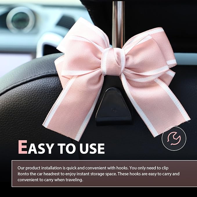 2PCS Car Seat Headrest Hooks, Cute Bow Purse Hook for Car, Vehicle Rear Seat Storage Hooks Hanger for Bag, Umbrellas, Purses, Universal Auto Interior Decorating Accessories (Satin-Pink)