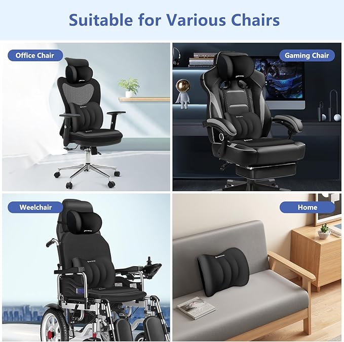 Car Seat Cushion with Neck Pillow & Lumbar Support Kit Back Sciatica Tailbone Pain Relief Car Pillows Ergonomic Memory Foam Back Support for Driving Seat Office Chair Wheelchair Black