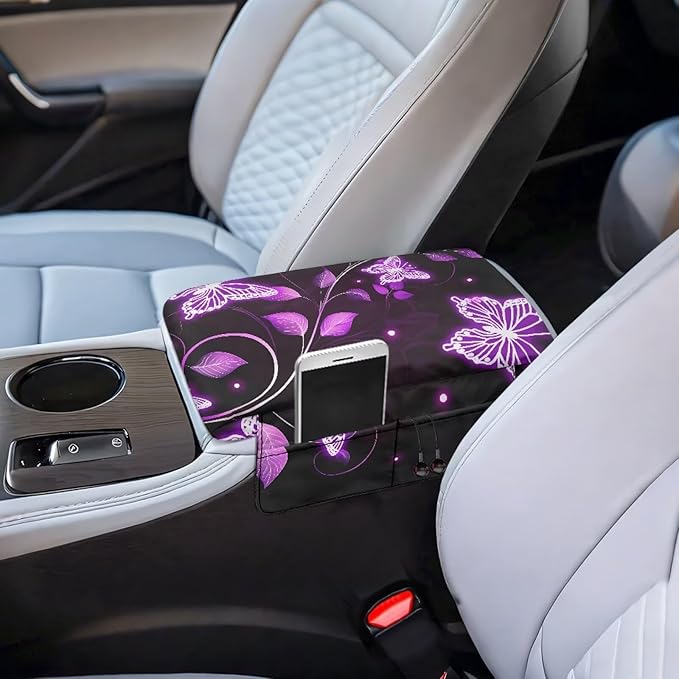 Dreaweet Purple Butterfly Arm Rest Cover for Car Women Thick Center Console Cover Pad with Pockets Universal Anti-Scratch Armrest Cover for Car SUV Sedan Trucks