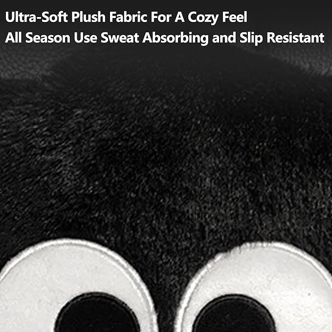 Car Headrest Pillow & Steering Wheel Cover Set with Cute Big-Eyed Furball Travel Neck Support Pillow Fur Car Interior Accessory (Black Ring Cover)