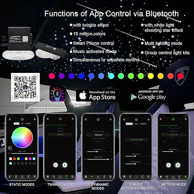 AKEPO 16W RGBW APP Small Size Twinkle Meteor Fiber Optic Lights, Music Activated 650pcs 0.03in 13.1ft/4m Optical Fiber Star Ceiling Light Kit for Car Headliner Star/Home
