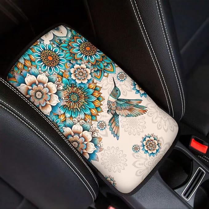 Coldinair Boho Flower Car Center Console Pad,Hummingbird Auto Interior Accessories Decoration,Auto Armrest Cover Protector for Most Vehicle, SUV, Truck, Car
