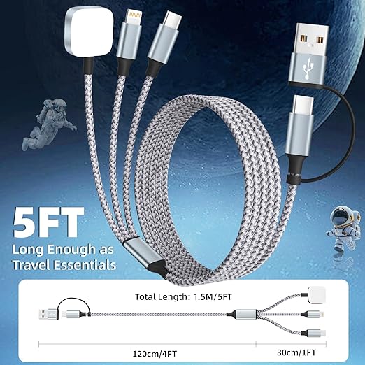 Travel Essentials 3 in 2 Charging Cable for Phone Watch Charger, USB A/USB C Multi Charging Cable/Cord for All Devices Compatible for iWatch Ultra/SE/11-2, iPhone17 15 14, Android, More - 5FT