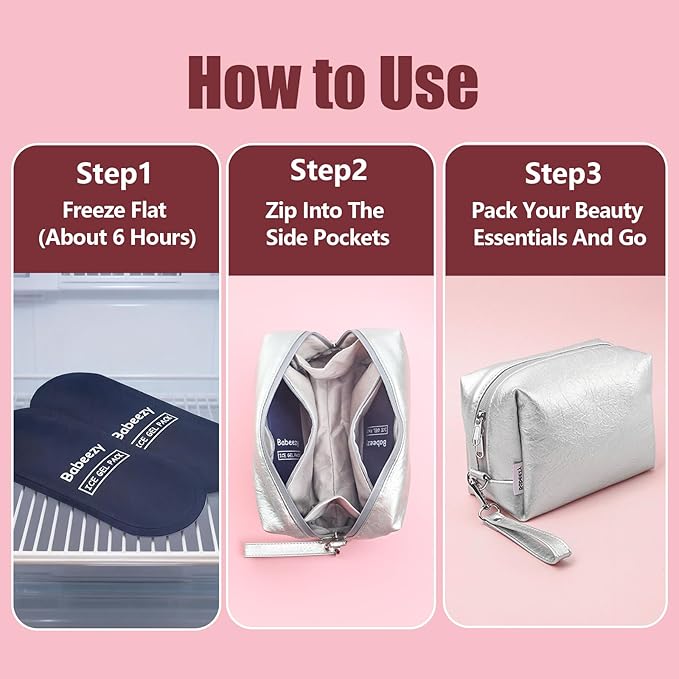 Insulated Makeup Bag with 2 Reusable Ice Packs Heat-Resistant Cosmetic Travel Pouch, Silver Vegan Leather Organizer with Water-Resistant Double Zipper & Wrist Strap(Small: 7.5 x 4.0 x 5.0 in)