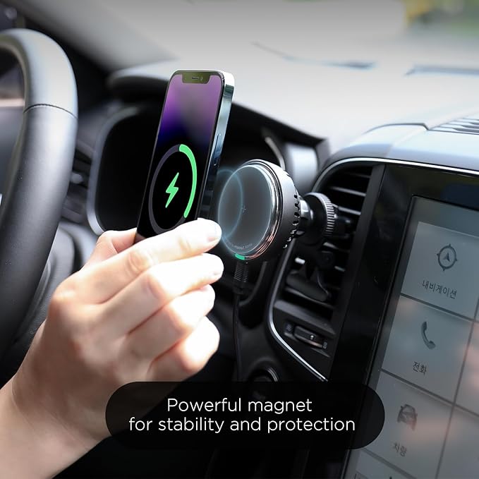 mooas Magnetic Car Mount Charger, Max.15W Fast wireless charger, Mag Safe car charger, Wireless car charger with air vent Mount, Cooling fan, Strong magnet, Compatible with iPhone, Galaxy, LG