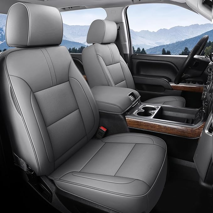 Coverado Silverado Seat Covers Full Set, Faux Leather Car Seat Covers Fit for Chevy Silverado GMC Sierra 2007-2013 & 2019-2026 1500, 2020-2026 2500HD 3500HD Crew Double Extended Cab(Gray)