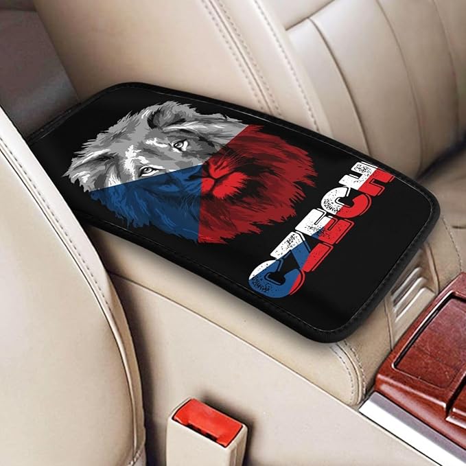 Vintage Czech Republic Czechs Czechish Flag Lion Head Auto Center Console Armrest Cover Car Handrail Box Cushion Pad Mat Universal Fit Most Vehicle Sedan Truck SUV Soft Comfort Decor Accessories