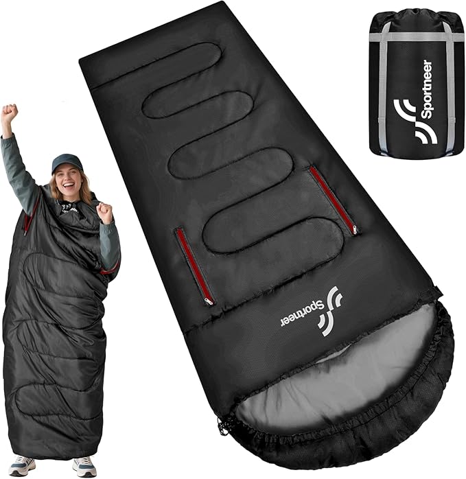 Sportneer Wearable Sleeping Bag for Adults & Kids – Walkable with Arm Zippers, Warm Weather & Cold Waterproof, Compact for Camping, Stadiums, Travel, Backpacking & Car Use