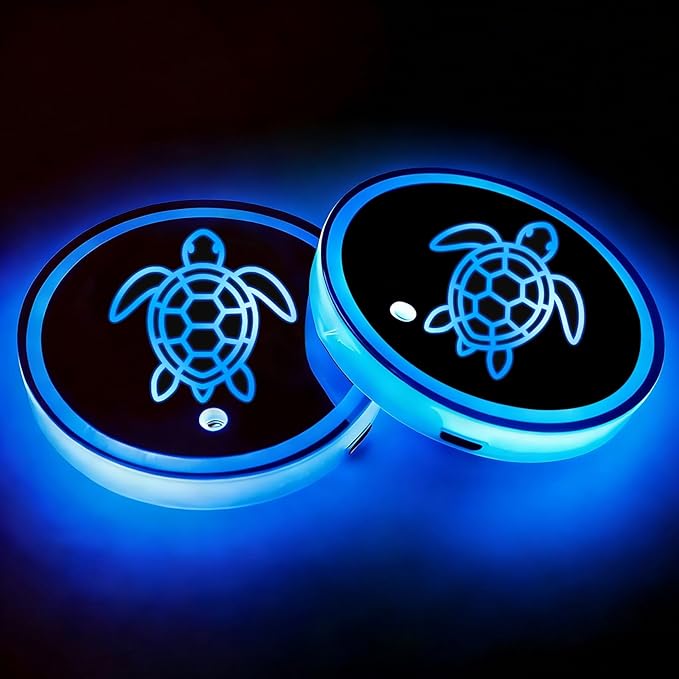 Turtle LED Cup Holder Lights for Car,2Pcs LED Light Up Cup Holder Coasters with USB Charging 7 Colors 3 Modes,Waterproof Interior Atmosphere Lamp,Car Decor Accessories Turtle Gifts for Women Men