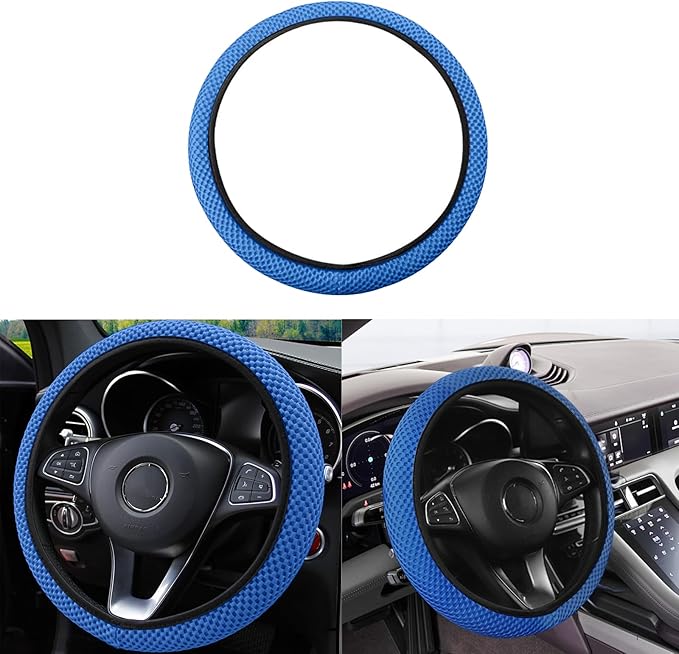 Elastic Stretch Car Steering Wheel Cover, Comfortable Steering Wheel Cover Universal for 14.5-15 Inch, Warm in Winter & Cool in Summer, Anti-Slip Breathable Ice Silk (Blue)