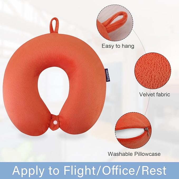 Orange Memory Foam Velvet Travel Neck Pillow for Airplane Car Train