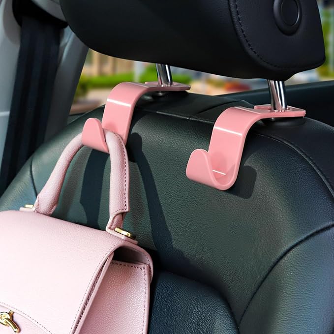 Soleebee 4 Pack Car Seat Hooks - Universal Auto Hooks, Back Seat Hangers, Storage Organizer (Pink)